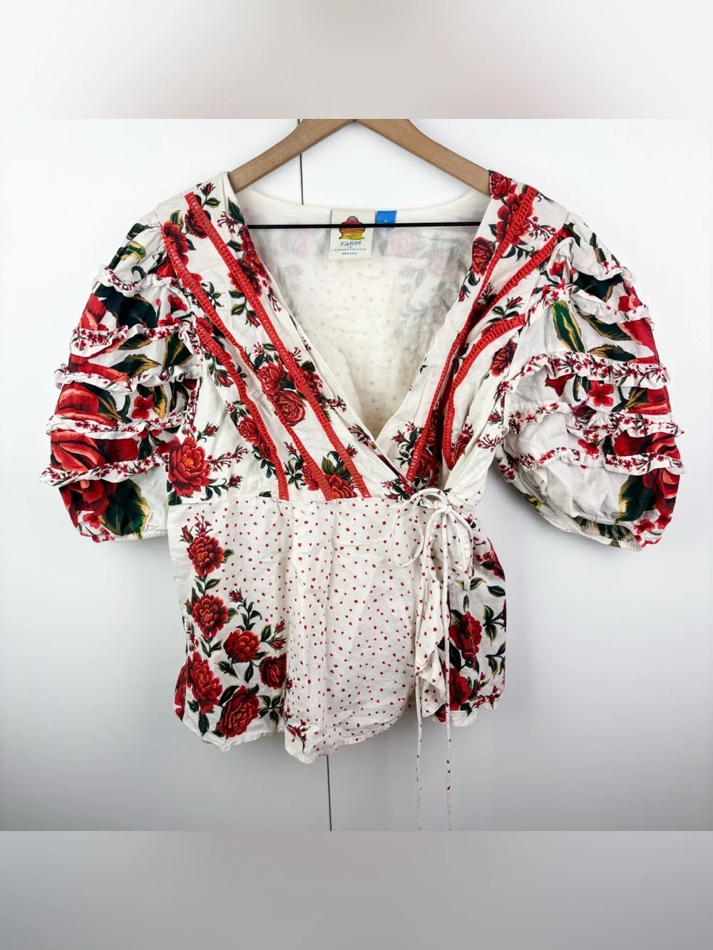 Farm Rio Wrap Blouse Red White Floral Ruffle Puff Sleeve Cotton Anthropologie